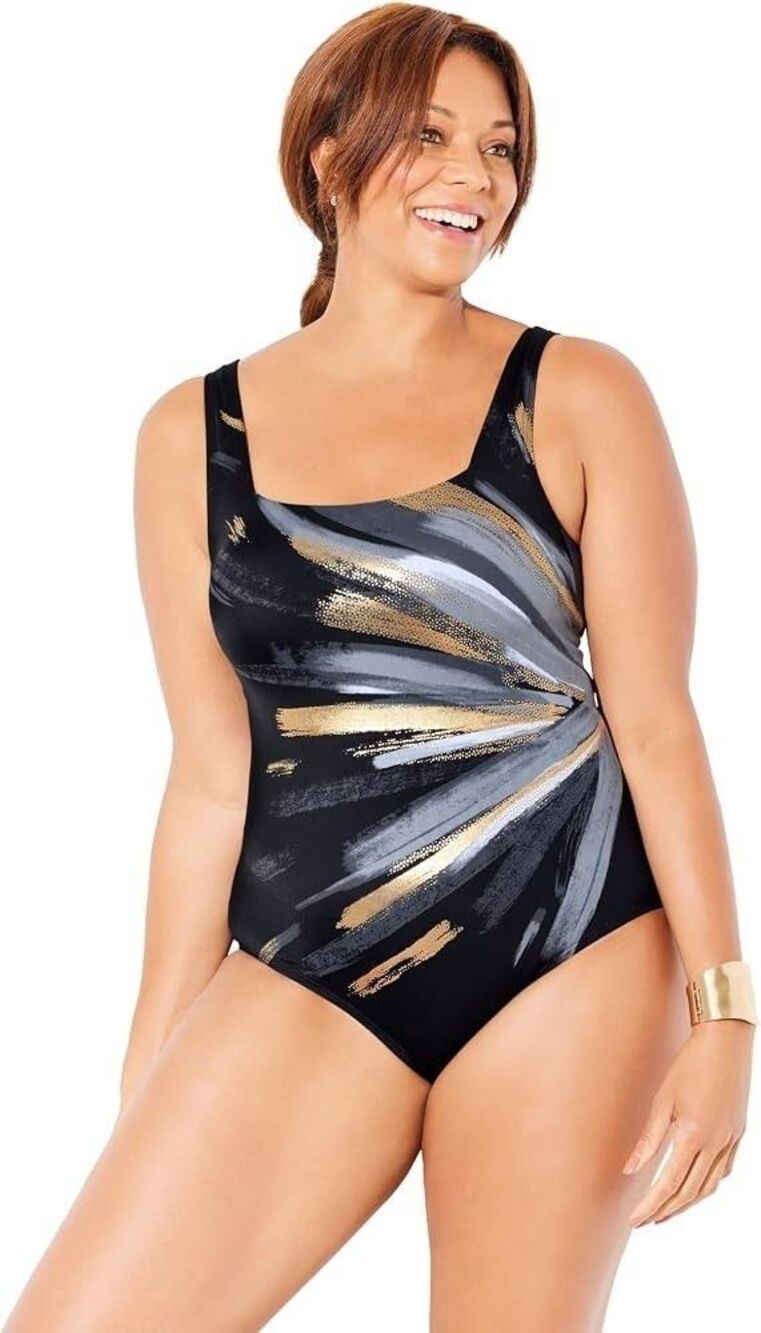 NWT Swimsuits For All - One Piece Square Neck Tummy Control Multi Padded Sz 24